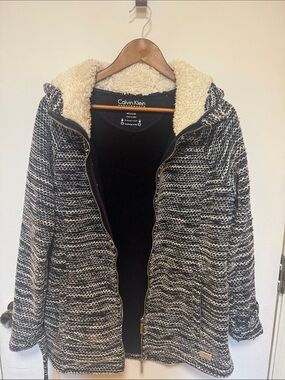 Calvin Klein Black & Cream Knit Hooded Teddy Jacket